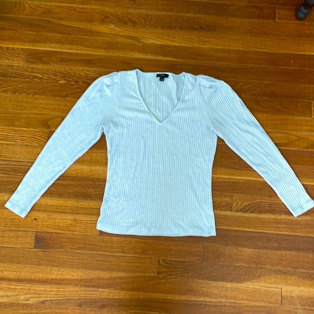 Light blue J. Crew puff sleeve v-neck ribbed sweater